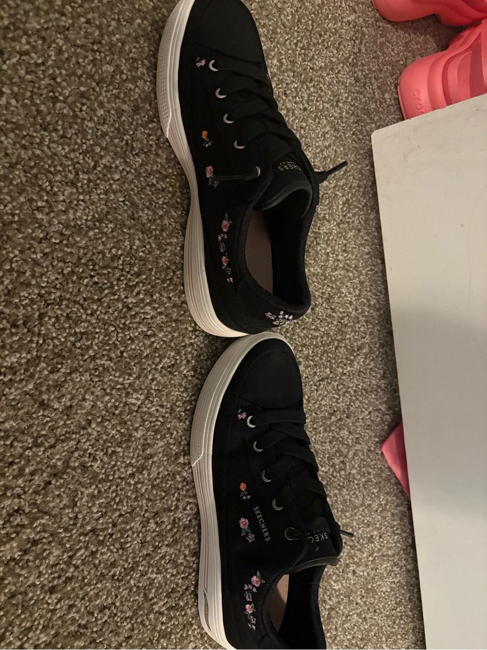 Skechers Black Canvas Low-Top Sneakers with Pink and Orange Floral Accents